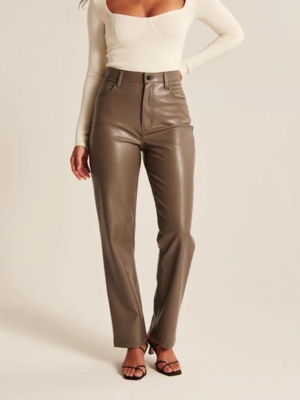 Abercrombie 90s Straight Faux Leather Pants Taupe Ultra High Rise Sz 23 000
